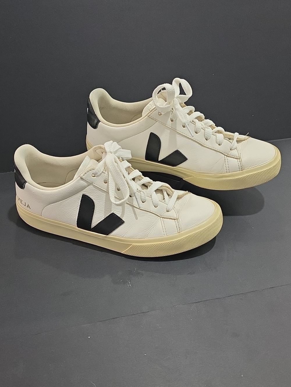 Veja Women's White Leather Sneakers with Black V Accent Size 10
